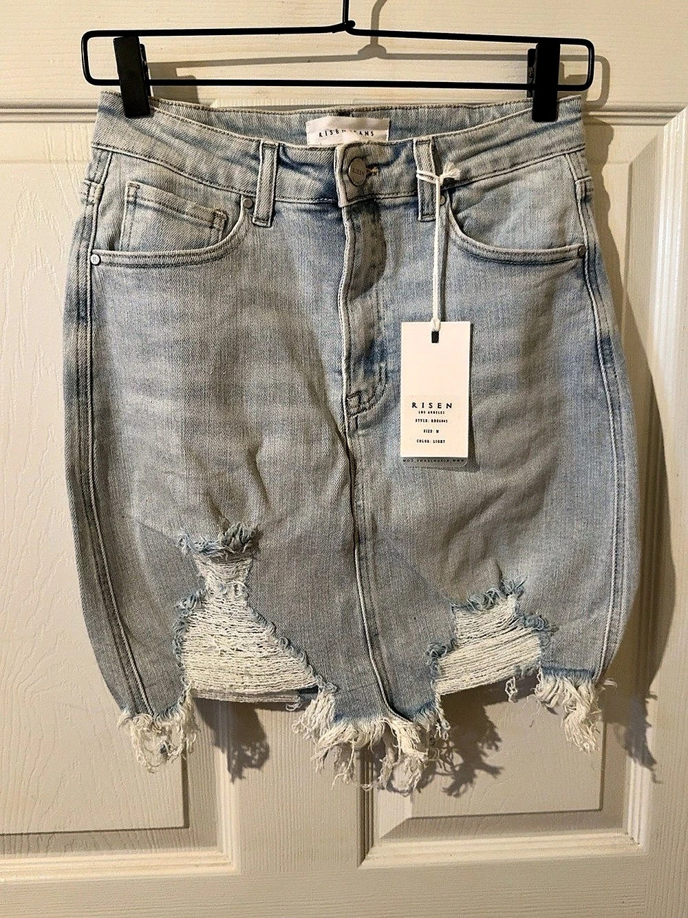 RISEN High Rise Distressed Denim Mini Skirt Light Wash Size M NWT